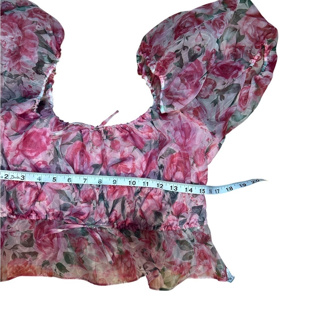 Joie Pink Floral Puff Sleeve Crop Blouse Romantic Coquette Top M - Picture 7 of 8